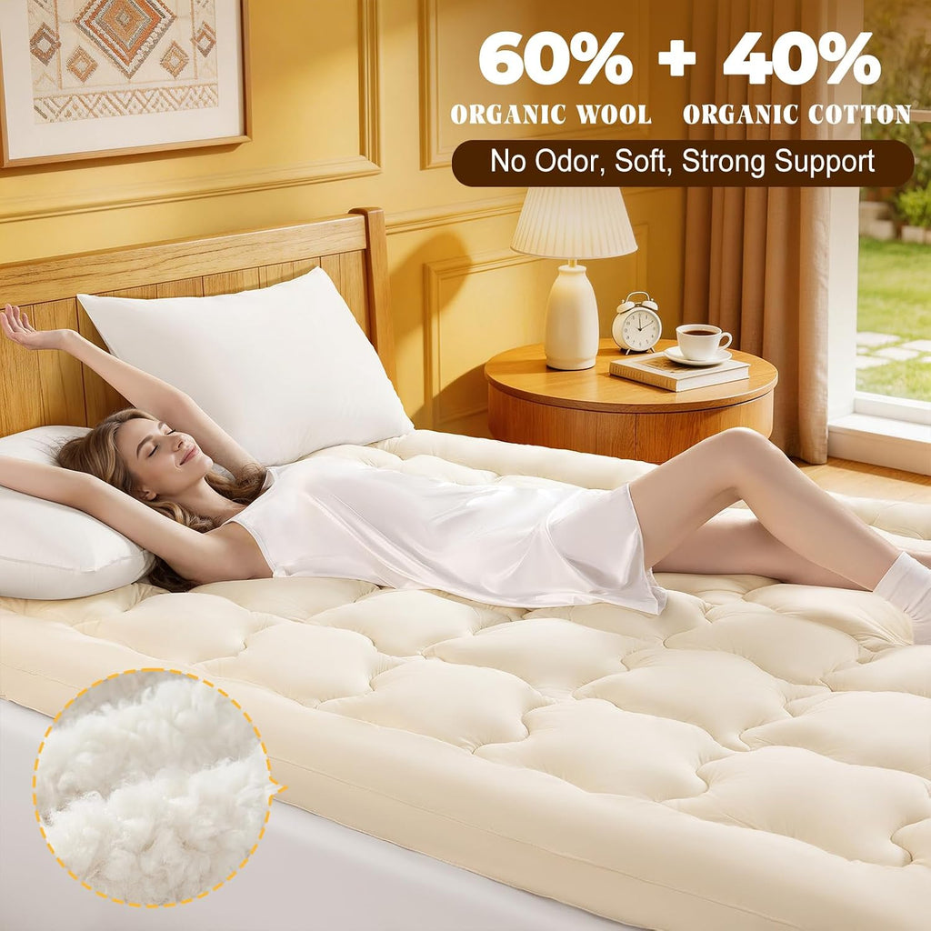 Queen 60×80" Organic Wool‑Cotton Mattress Topper